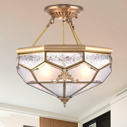 Gold 14“/16”/18“ Wide 3/4/6 Lights Semi Flush Mount Traditional Frosted Glass Faceted Semi Flush Light for Corridor Gold Clearhalo 'Ceiling Lights' 'Close To Ceiling Lights' 'Close to ceiling' 'Glass shade' 'Glass' 'Semi-flushmount' Lighting' 276732