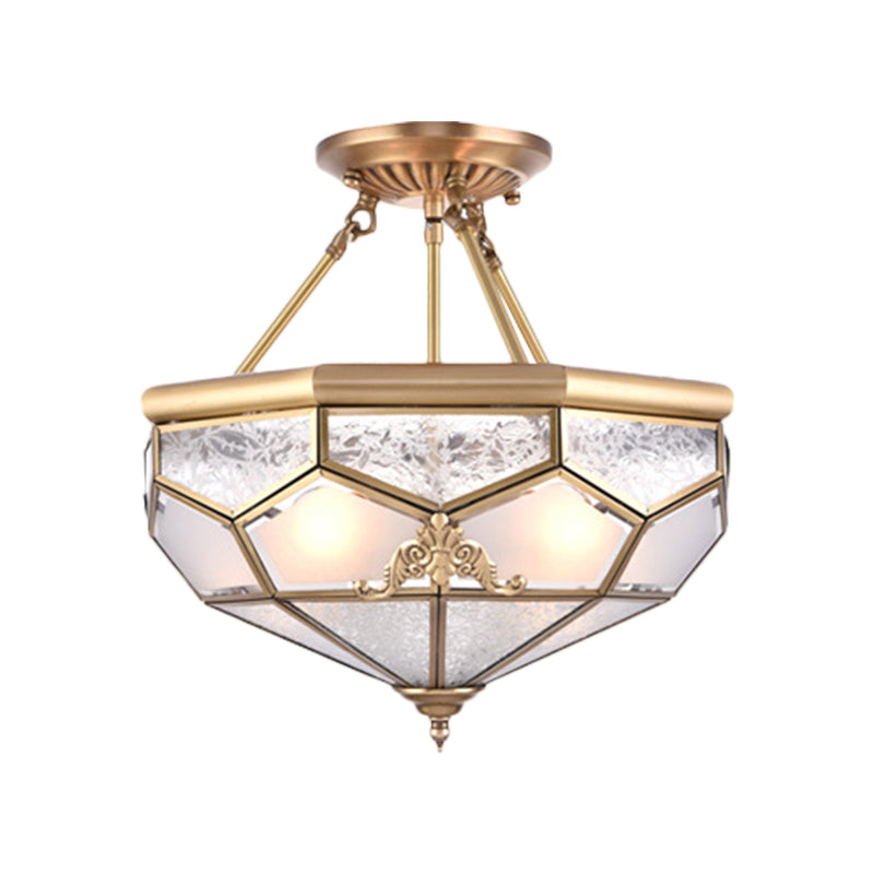 Gold 14“/16”/18“ Wide 3/4/6 Lights Semi Flush Mount Traditional Frosted Glass Faceted Semi Flush Light for Corridor Clearhalo 'Ceiling Lights' 'Close To Ceiling Lights' 'Close to ceiling' 'Glass shade' 'Glass' 'Semi-flushmount' Lighting' 276735