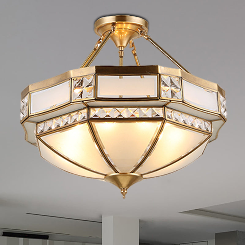 14"/18"/21.5" Wide 3/4/6 Lights Living Room Ceiling Mounted Fixture Classic Gold Semi Flush Mount with Faceted Opal Glass Shade Clearhalo 'Ceiling Lights' 'Close To Ceiling Lights' 'Close to ceiling' 'Glass shade' 'Glass' 'Semi-flushmount' Lighting' 276761