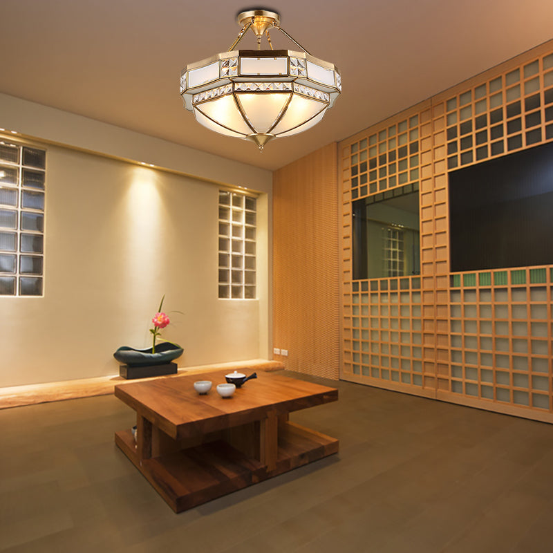 14"/18"/21.5" Wide 3/4/6 Lights Living Room Ceiling Mounted Fixture Classic Gold Semi Flush Mount with Faceted Opal Glass Shade Clearhalo 'Ceiling Lights' 'Close To Ceiling Lights' 'Close to ceiling' 'Glass shade' 'Glass' 'Semi-flushmount' Lighting' 276762