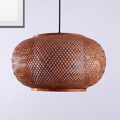 Curved Drum Suspension Pendant Asian Bamboo 1 Bulb Brown Hanging Light Kit, 16"/19.5"/23.5" Wide Brown Clearhalo 'Ceiling Lights' 'Modern Pendants' 'Modern' 'Pendant Lights' 'Pendants' Lighting' 276767