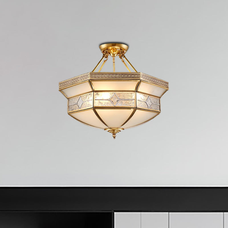 14"/18"/23.5" Wide 3/4/6 Lights Frosted Glass Ceiling Mounted Fixture Vintage Brass Geometric Living Room Semi Mount Lighting Brass Clearhalo 'Ceiling Lights' 'Chandeliers' 'Close To Ceiling Lights' 'Close to ceiling' 'Glass shade' 'Glass' 'Semi-flushmount' Lighting' 276858