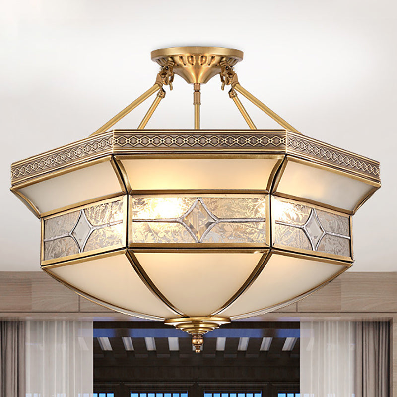 14"/18"/23.5" Wide 3/4/6 Lights Frosted Glass Ceiling Mounted Fixture Vintage Brass Geometric Living Room Semi Mount Lighting Clearhalo 'Ceiling Lights' 'Chandeliers' 'Close To Ceiling Lights' 'Close to ceiling' 'Glass shade' 'Glass' 'Semi-flushmount' Lighting' 276859