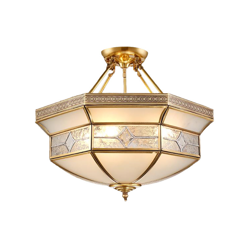 14"/18"/23.5" Wide 3/4/6 Lights Frosted Glass Ceiling Mounted Fixture Vintage Brass Geometric Living Room Semi Mount Lighting Clearhalo 'Ceiling Lights' 'Chandeliers' 'Close To Ceiling Lights' 'Close to ceiling' 'Glass shade' 'Glass' 'Semi-flushmount' Lighting' 276861
