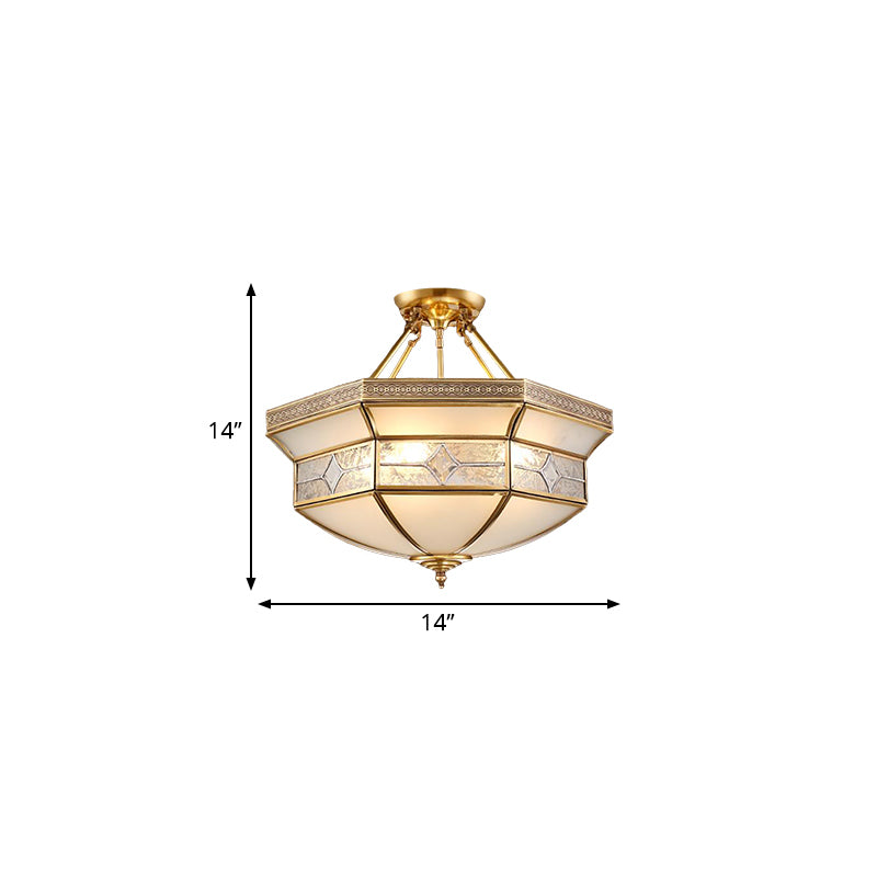 14"/18"/23.5" Wide 3/4/6 Lights Frosted Glass Ceiling Mounted Fixture Vintage Brass Geometric Living Room Semi Mount Lighting Clearhalo 'Ceiling Lights' 'Chandeliers' 'Close To Ceiling Lights' 'Close to ceiling' 'Glass shade' 'Glass' 'Semi-flushmount' Lighting' 276862