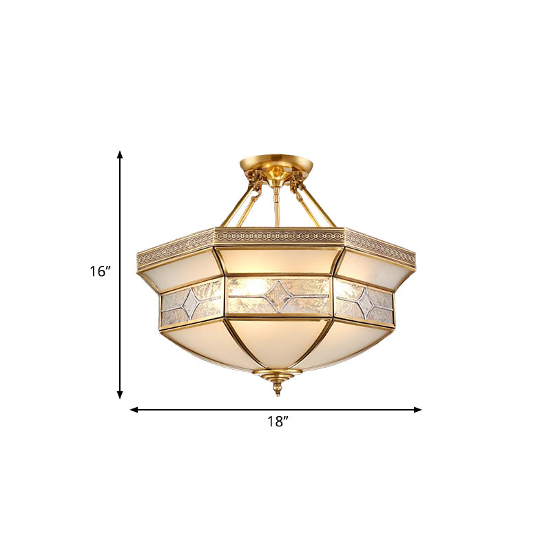 14"/18"/23.5" Wide 3/4/6 Lights Frosted Glass Ceiling Mounted Fixture Vintage Brass Geometric Living Room Semi Mount Lighting Clearhalo 'Ceiling Lights' 'Chandeliers' 'Close To Ceiling Lights' 'Close to ceiling' 'Glass shade' 'Glass' 'Semi-flushmount' Lighting' 276863
