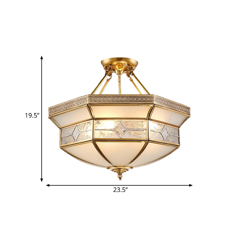 14"/18"/23.5" Wide 3/4/6 Lights Frosted Glass Ceiling Mounted Fixture Vintage Brass Geometric Living Room Semi Mount Lighting Clearhalo 'Ceiling Lights' 'Chandeliers' 'Close To Ceiling Lights' 'Close to ceiling' 'Glass shade' 'Glass' 'Semi-flushmount' Lighting' 276864