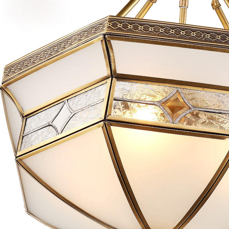 14"/18"/23.5" Wide 3/4/6 Lights Frosted Glass Ceiling Mounted Fixture Vintage Brass Geometric Living Room Semi Mount Lighting Clearhalo 'Ceiling Lights' 'Chandeliers' 'Close To Ceiling Lights' 'Close to ceiling' 'Glass shade' 'Glass' 'Semi-flushmount' Lighting' 276865
