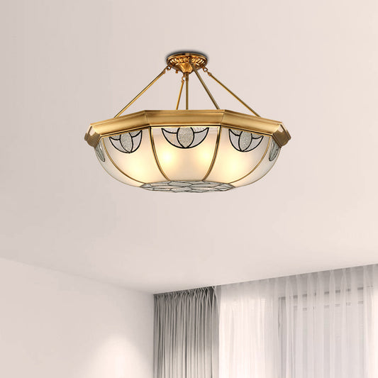 Domed Frosted Glass Semi Mount Lighting Vintage 4 Lights Living Room Semi Flush Light in Gold, 16"/18" Wide Gold Clearhalo 'Ceiling Lights' 'Close To Ceiling Lights' 'Close to ceiling' 'Glass shade' 'Glass' 'Semi-flushmount' Lighting' 276873