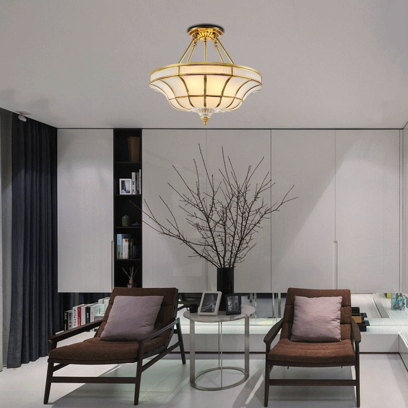 3/6 Lights Ceiling Mount Antique Curved Frosted Glass Semi Flush Lighting in Brass for Bedroom, 16"/19.5" Wide Clearhalo 'Ceiling Lights' 'Close To Ceiling Lights' 'Close to ceiling' 'Glass shade' 'Glass' 'Semi-flushmount' Lighting' 276888