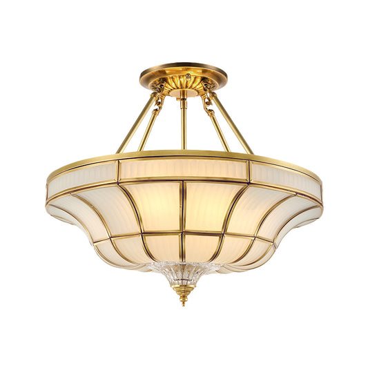 3/6 Lights Ceiling Mount Antique Curved Frosted Glass Semi Flush Lighting in Brass for Bedroom, 16"/19.5" Wide Clearhalo 'Ceiling Lights' 'Close To Ceiling Lights' 'Close to ceiling' 'Glass shade' 'Glass' 'Semi-flushmount' Lighting' 276889