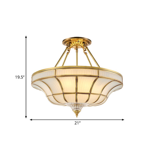 3/6 Lights Ceiling Mount Antique Curved Frosted Glass Semi Flush Lighting in Brass for Bedroom, 16"/19.5" Wide Clearhalo 'Ceiling Lights' 'Close To Ceiling Lights' 'Close to ceiling' 'Glass shade' 'Glass' 'Semi-flushmount' Lighting' 276891