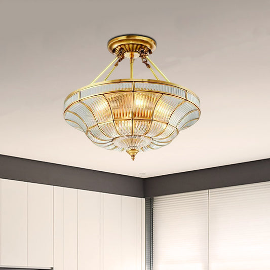 16"/19.5" Wide 3/6 Lights Bedroom Semi-Flush Mount Traditional Brass Semi Flush Light with Faceted Clear Ribbed Glass Shade Clear Clearhalo 'Ceiling Lights' 'Close To Ceiling Lights' 'Close to ceiling' 'Glass shade' 'Glass' 'Semi-flushmount' Lighting' 276893