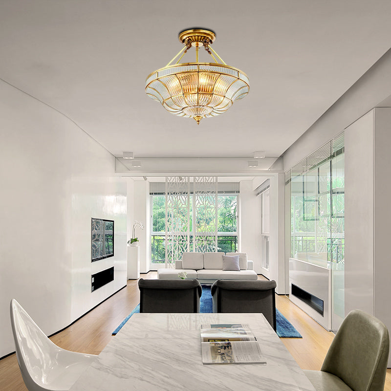 16"/19.5" Wide 3/6 Lights Bedroom Semi-Flush Mount Traditional Brass Semi Flush Light with Faceted Clear Ribbed Glass Shade Clearhalo 'Ceiling Lights' 'Close To Ceiling Lights' 'Close to ceiling' 'Glass shade' 'Glass' 'Semi-flushmount' Lighting' 276895