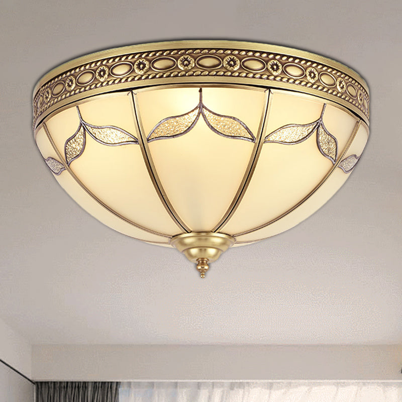 Domed Shade Bedroom Flushmount Light Traditional Milky Glass 3/4 Lights Gold Ceiling Lighting, 12.5"/16" W Clearhalo 'Ceiling Lights' 'Close To Ceiling Lights' 'Close to ceiling' 'Flush mount' Lighting' 276962
