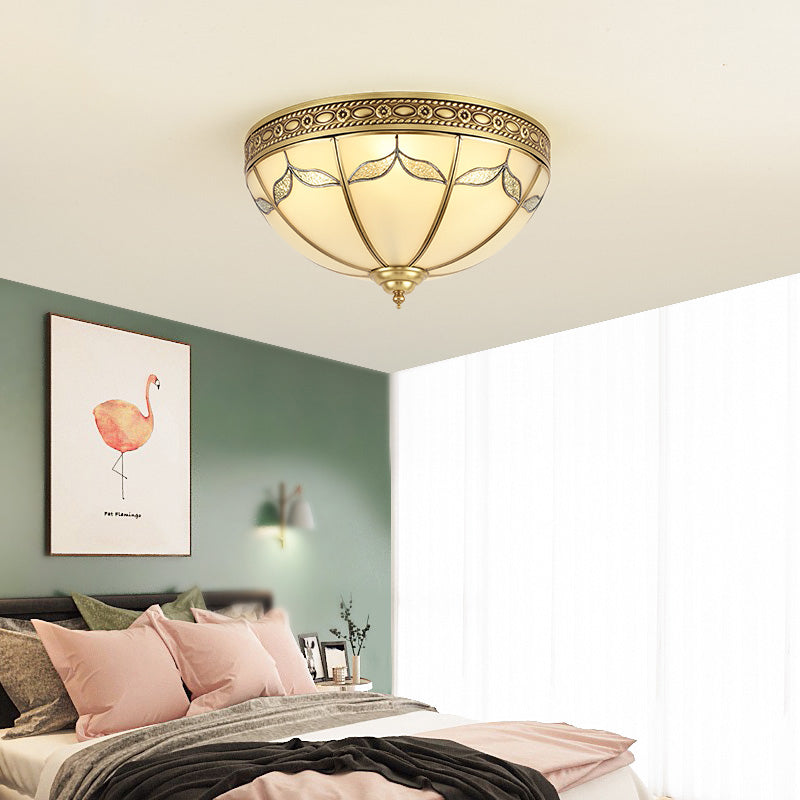 Domed Shade Bedroom Flushmount Light Traditional Milky Glass 3/4 Lights Gold Ceiling Lighting, 12.5"/16" W Clearhalo 'Ceiling Lights' 'Close To Ceiling Lights' 'Close to ceiling' 'Flush mount' Lighting' 276963