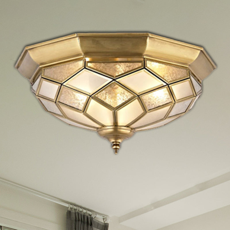 3/5 Lights Flush Ceiling Light Classic Prismatic Frosted Glass Pane Flush Mount Lighting in Gold for Bedroom, 18“/21.5” W Clearhalo 'Ceiling Lights' 'Close To Ceiling Lights' 'Close to ceiling' 'Flush mount' Lighting' 276996