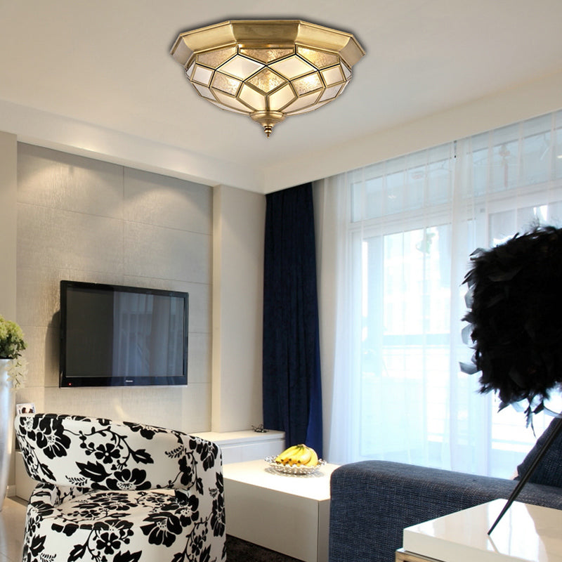 3/5 Lights Flush Ceiling Light Classic Prismatic Frosted Glass Pane Flush Mount Lighting in Gold for Bedroom, 18“/21.5” W Clearhalo 'Ceiling Lights' 'Close To Ceiling Lights' 'Close to ceiling' 'Flush mount' Lighting' 276997