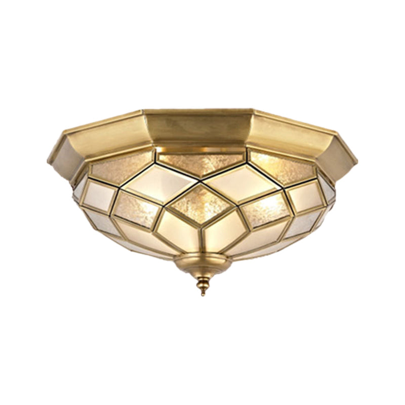 3/5 Lights Flush Ceiling Light Classic Prismatic Frosted Glass Pane Flush Mount Lighting in Gold for Bedroom, 18“/21.5” W Clearhalo 'Ceiling Lights' 'Close To Ceiling Lights' 'Close to ceiling' 'Flush mount' Lighting' 276998