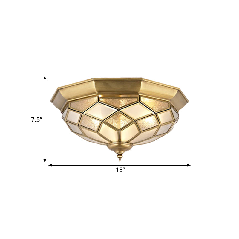 3/5 Lights Flush Ceiling Light Classic Prismatic Frosted Glass Pane Flush Mount Lighting in Gold for Bedroom, 18“/21.5” W Clearhalo 'Ceiling Lights' 'Close To Ceiling Lights' 'Close to ceiling' 'Flush mount' Lighting' 276999
