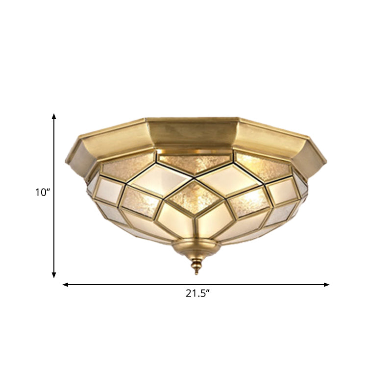 3/5 Lights Flush Ceiling Light Classic Prismatic Frosted Glass Pane Flush Mount Lighting in Gold for Bedroom, 18“/21.5” W Clearhalo 'Ceiling Lights' 'Close To Ceiling Lights' 'Close to ceiling' 'Flush mount' Lighting' 277000