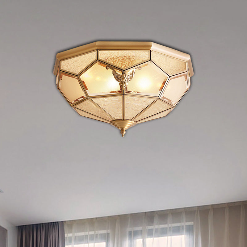 Gold Faceted Flush Mount Lighting Vintage Beveled Glass 3/4/6 Lights Bedroom Ceiling Fixture 3 Gold Clearhalo 'Ceiling Lights' 'Close To Ceiling Lights' 'Close to ceiling' 'Flush mount' Lighting' 277028