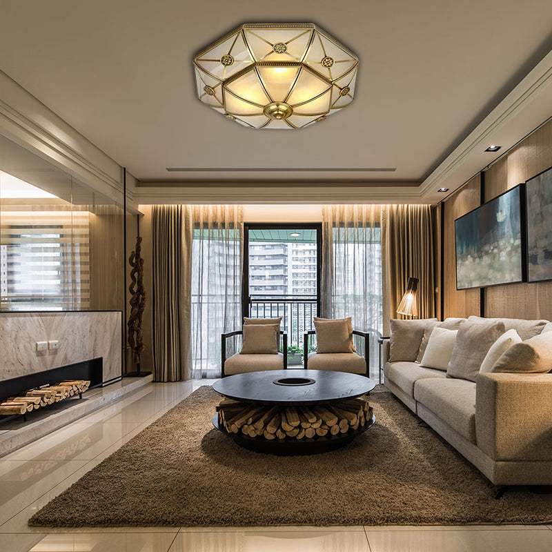 Brass 3/4/6 Lights Flush Mount Traditional Curved Frosted Glass Flower Flush Ceiling Light Fixture for Bedroom Clearhalo 'Ceiling Lights' 'Close To Ceiling Lights' 'Close to ceiling' 'Flush mount' Lighting' 277083