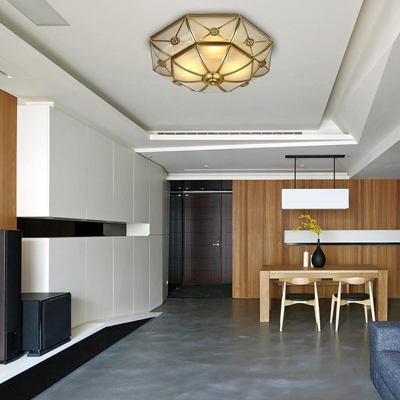 Brass 3/4/6 Lights Flush Mount Traditional Curved Frosted Glass Flower Flush Ceiling Light Fixture for Bedroom Clearhalo 'Ceiling Lights' 'Close To Ceiling Lights' 'Close to ceiling' 'Flush mount' Lighting' 277087