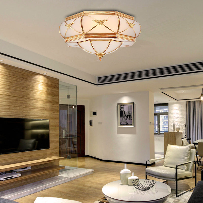 3/4/6 Lights Flush Ceiling Light Traditional Flower Curved Frosted Glass Flush Mount in Gold for Bedroom Clearhalo 'Ceiling Lights' 'Close To Ceiling Lights' 'Close to ceiling' 'Flush mount' Lighting' 277103