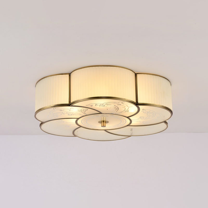 3/4 Lights Floral Flush Mount Lamp Traditional Brass Curved Frosted Glass Ceiling Mounted Fixture for Bedroom 3 Brass Clearhalo 'Ceiling Lights' 'Close To Ceiling Lights' 'Close to ceiling' 'Flush mount' Lighting' 277186