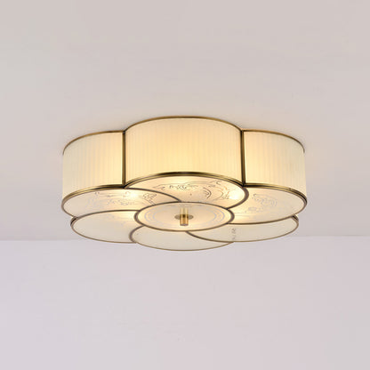 3/4 Lights Floral Flush Mount Lamp Traditional Brass Curved Frosted Glass Ceiling Mounted Fixture for Bedroom 3 Brass Clearhalo 'Ceiling Lights' 'Close To Ceiling Lights' 'Close to ceiling' 'Flush mount' Lighting' 277186