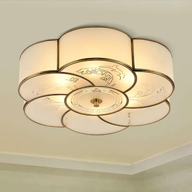 3/4 Lights Floral Flush Mount Lamp Traditional Brass Curved Frosted Glass Ceiling Mounted Fixture for Bedroom Clearhalo 'Ceiling Lights' 'Close To Ceiling Lights' 'Close to ceiling' 'Flush mount' Lighting' 277187