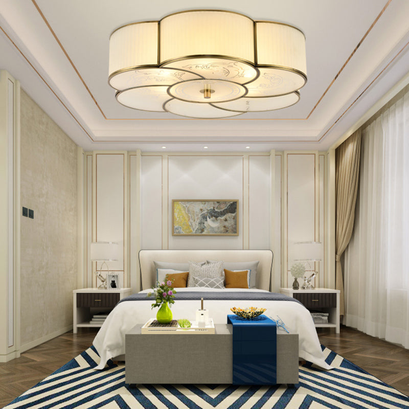 3/4 Lights Floral Flush Mount Lamp Traditional Brass Curved Frosted Glass Ceiling Mounted Fixture for Bedroom Clearhalo 'Ceiling Lights' 'Close To Ceiling Lights' 'Close to ceiling' 'Flush mount' Lighting' 277188