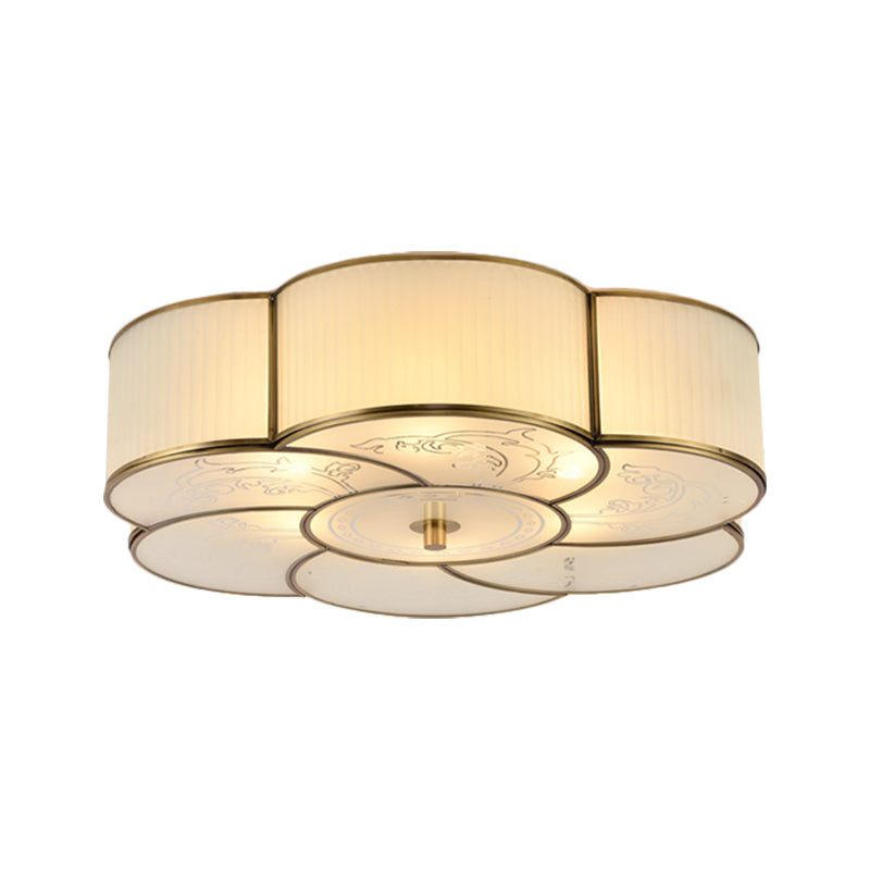 3/4 Lights Floral Flush Mount Lamp Traditional Brass Curved Frosted Glass Ceiling Mounted Fixture for Bedroom Clearhalo 'Ceiling Lights' 'Close To Ceiling Lights' 'Close to ceiling' 'Flush mount' Lighting' 277189