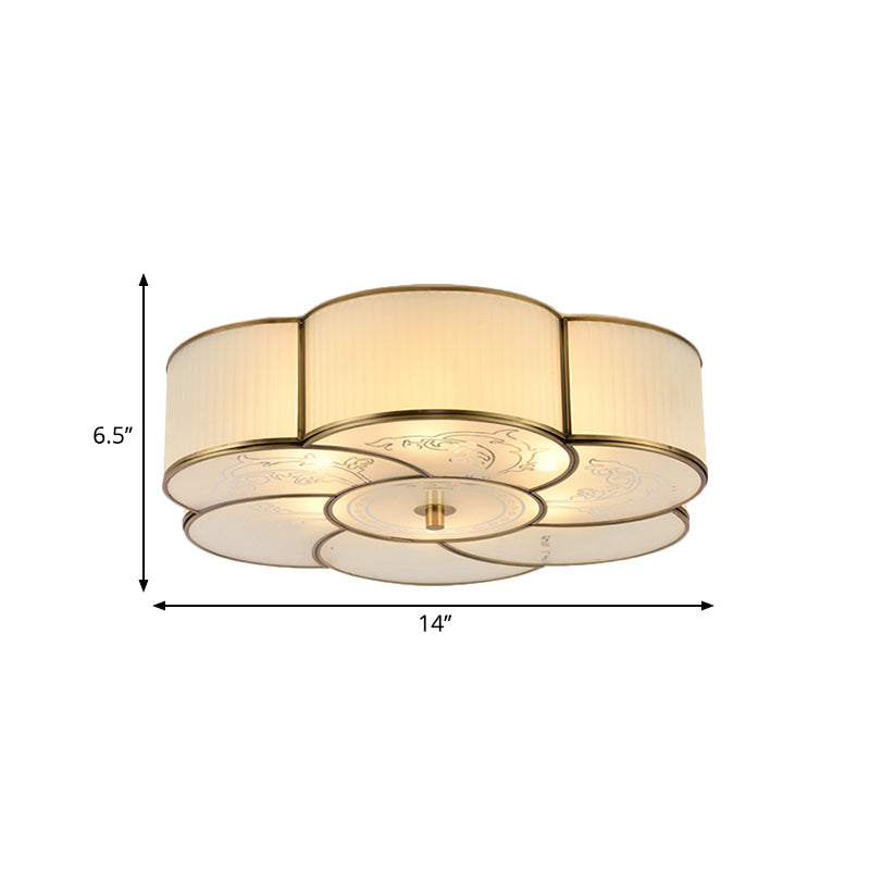 3/4 Lights Floral Flush Mount Lamp Traditional Brass Curved Frosted Glass Ceiling Mounted Fixture for Bedroom Clearhalo 'Ceiling Lights' 'Close To Ceiling Lights' 'Close to ceiling' 'Flush mount' Lighting' 277190