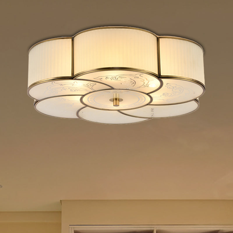 3/4 Lights Floral Flush Mount Lamp Traditional Brass Curved Frosted Glass Ceiling Mounted Fixture for Bedroom 4 Brass Clearhalo 'Ceiling Lights' 'Close To Ceiling Lights' 'Close to ceiling' 'Flush mount' Lighting' 277192