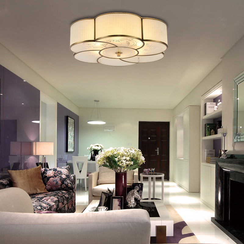 3/4 Lights Floral Flush Mount Lamp Traditional Brass Curved Frosted Glass Ceiling Mounted Fixture for Bedroom Clearhalo 'Ceiling Lights' 'Close To Ceiling Lights' 'Close to ceiling' 'Flush mount' Lighting' 277193