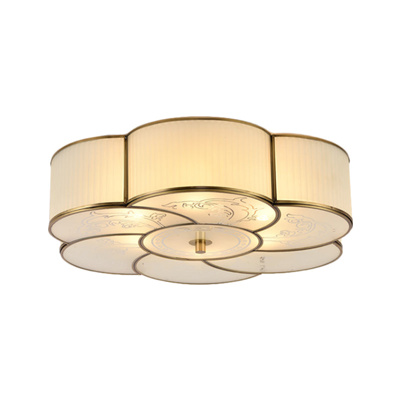 3/4 Lights Floral Flush Mount Lamp Traditional Brass Curved Frosted Glass Ceiling Mounted Fixture for Bedroom Clearhalo 'Ceiling Lights' 'Close To Ceiling Lights' 'Close to ceiling' 'Flush mount' Lighting' 277194