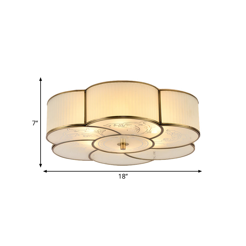 3/4 Lights Floral Flush Mount Lamp Traditional Brass Curved Frosted Glass Ceiling Mounted Fixture for Bedroom Clearhalo 'Ceiling Lights' 'Close To Ceiling Lights' 'Close to ceiling' 'Flush mount' Lighting' 277195