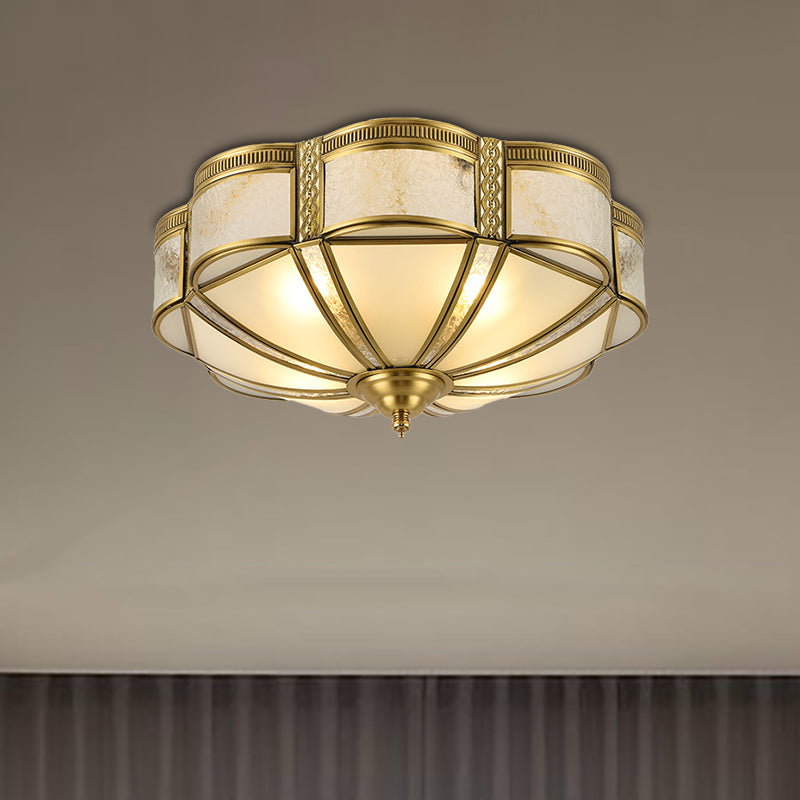 Brass Domed Flush Mount Fixture Classic Curved Frosted Glass Panel 3/4/6 Lights Bedroom Flush Light