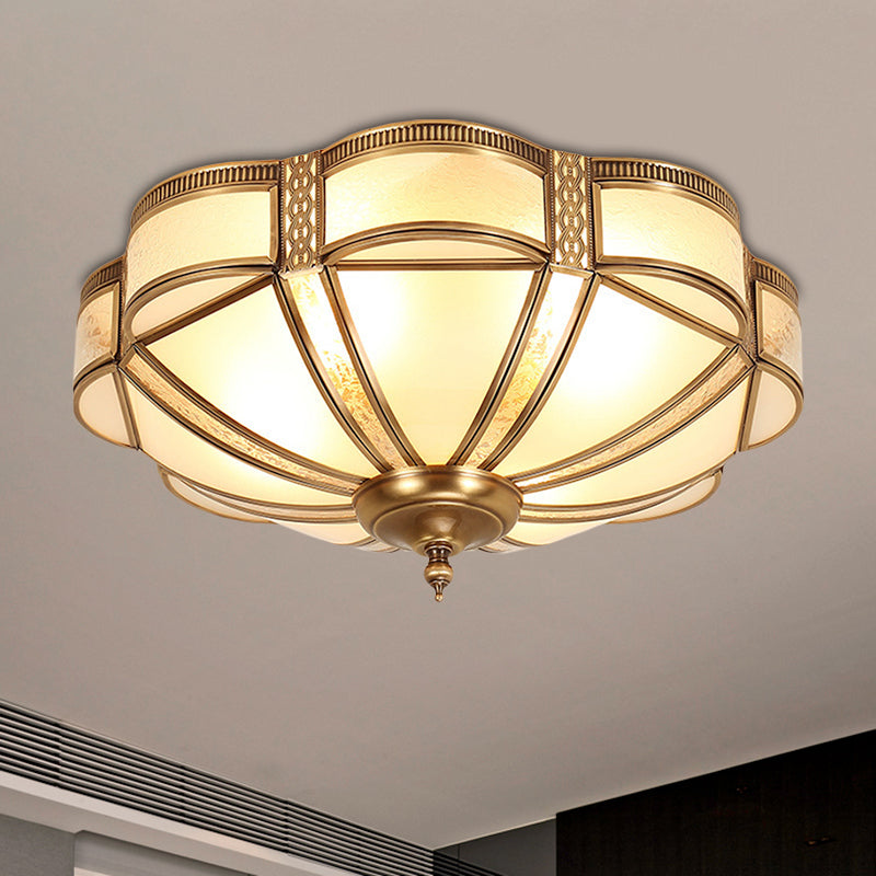 Brass Domed Flush Mount Fixture Classic Curved Frosted Glass Panel 3/4/6 Lights Bedroom Flush Light