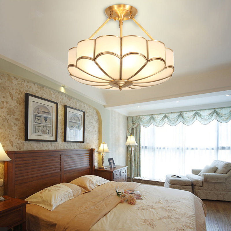Scalloped Bedroom Semi Flush Light Traditionalism Metal 4/6 Bulbs Brass Ceiling Fixture, 18"/23.5" W Clearhalo 'Ceiling Lights' 'Close To Ceiling Lights' 'Close to ceiling' 'Semi-flushmount' Lighting' 277233