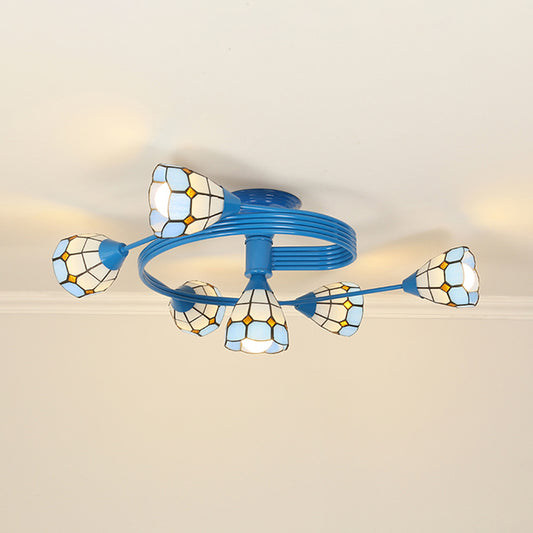 Blue Bowl Flush Ceiling Light Mediterranean Stained Glass 4/6 Lights Flushmount for Bedroom 6 Blue Clearhalo 'Ceiling Lights' 'Chandeliers' 'Close To Ceiling Lights' 'Close to ceiling' 'Glass shade' 'Glass' 'Pendant Lights' 'Semi-flushmount' 'Tiffany close to ceiling' 'Tiffany' Lighting' 27723