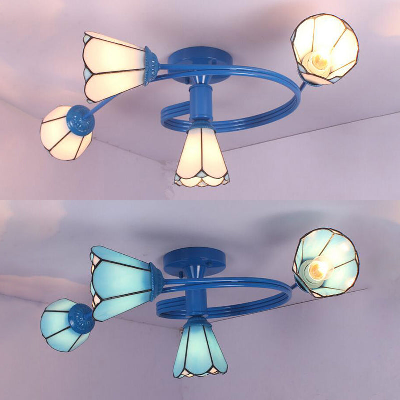 4 Lights Cone Semi Flush Light Tiffany Style Stained Glass Ceiling Light in White/Blue for Living Room Clearhalo 'Ceiling Lights' 'Close To Ceiling Lights' 'Glass shade' 'Glass' 'Semi-flushmount' 'Tiffany close to ceiling' 'Tiffany' Lighting' 27730