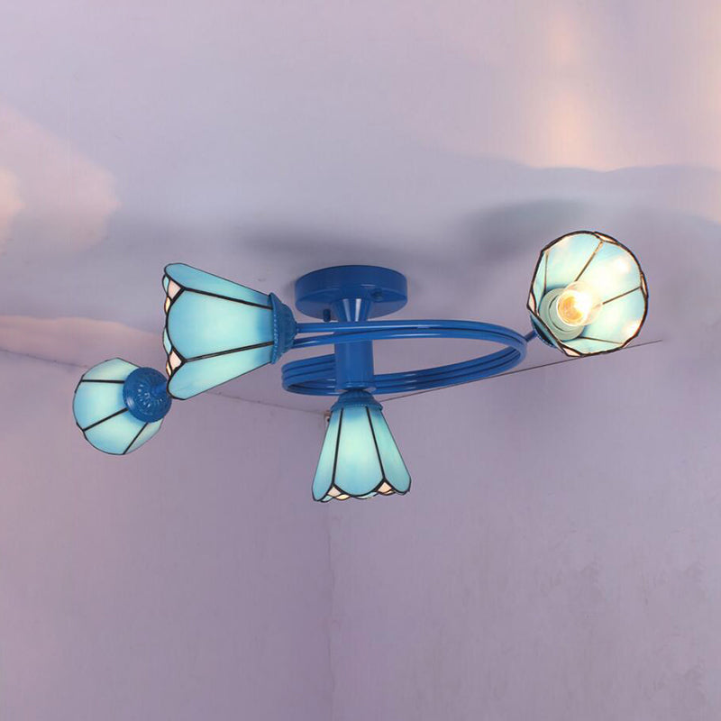 4 Lights Cone Semi Flush Light Tiffany Style Stained Glass Ceiling Light in White/Blue for Living Room Blue Clearhalo 'Ceiling Lights' 'Close To Ceiling Lights' 'Glass shade' 'Glass' 'Semi-flushmount' 'Tiffany close to ceiling' 'Tiffany' Lighting' 27731_8ce73d54-73cc-4fc5-b234-38e478b459fe