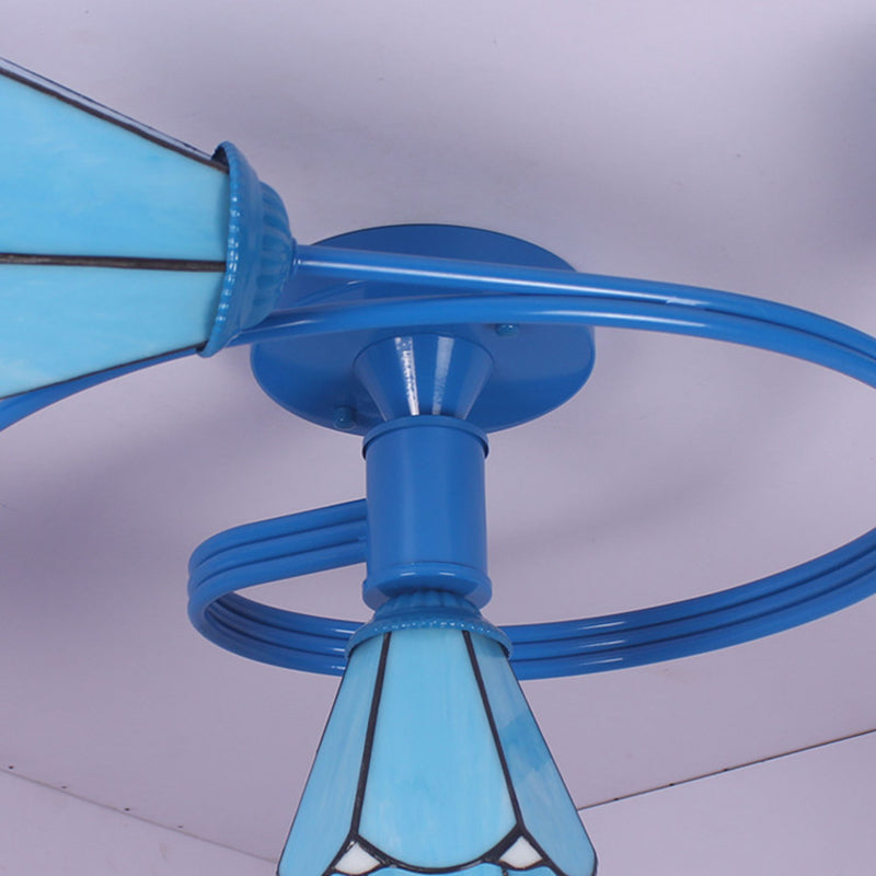 Mediterranean Style Crooked Blue Twig Half Ceiling Lamp Badminton Colorful Glass Radial 4 Heads Ceiling Lamp Clearhalo 'Close to ceiling' 'Deckenleuchte' Leuchte' 27732