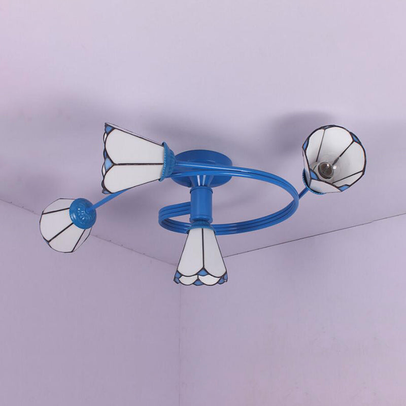 4 Lights Cone Semi Flush Light Tiffany Style Stained Glass Ceiling Light in White/Blue for Living Room Clearhalo 'Ceiling Lights' 'Close To Ceiling Lights' 'Glass shade' 'Glass' 'Semi-flushmount' 'Tiffany close to ceiling' 'Tiffany' Lighting' 27734
