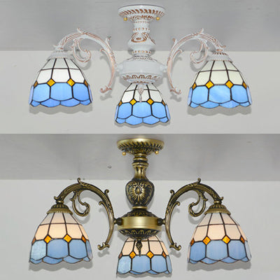 3 Lights Bowl Semi Flushmount Lodge Style Stained Glass Semi Flush Light in White/Antique Brass for Foyer Clearhalo 'Ceiling Lights' 'Close To Ceiling Lights' 'Close to ceiling' 'Glass shade' 'Glass' 'Pendant Lights' 'Semi-flushmount' 'Tiffany close to ceiling' 'Tiffany' Lighting' 27736