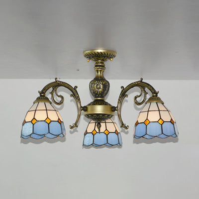 3 Lights Bowl Semi Flushmount Lodge Style Stained Glass Semi Flush Light in White/Antique Brass for Foyer Antique Brass Clearhalo 'Ceiling Lights' 'Close To Ceiling Lights' 'Close to ceiling' 'Glass shade' 'Glass' 'Pendant Lights' 'Semi-flushmount' 'Tiffany close to ceiling' 'Tiffany' Lighting' 27737