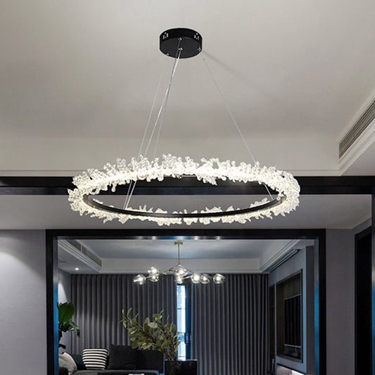 Round Ceiling Chandelier Modernist Cut Crystal 16"/23.5"/31.5" Wide LED Black Hanging Pendant Light in Warm/White Light Black White